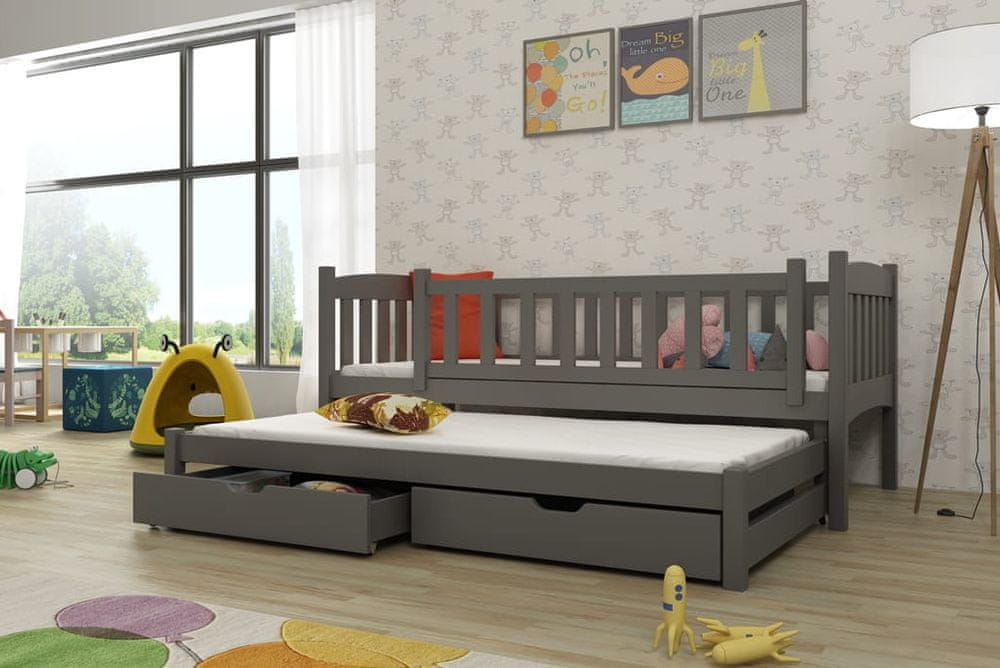 Veneti Detská posteľ s prístelkou a so zásuvkami ADINA - 80x200, grafit